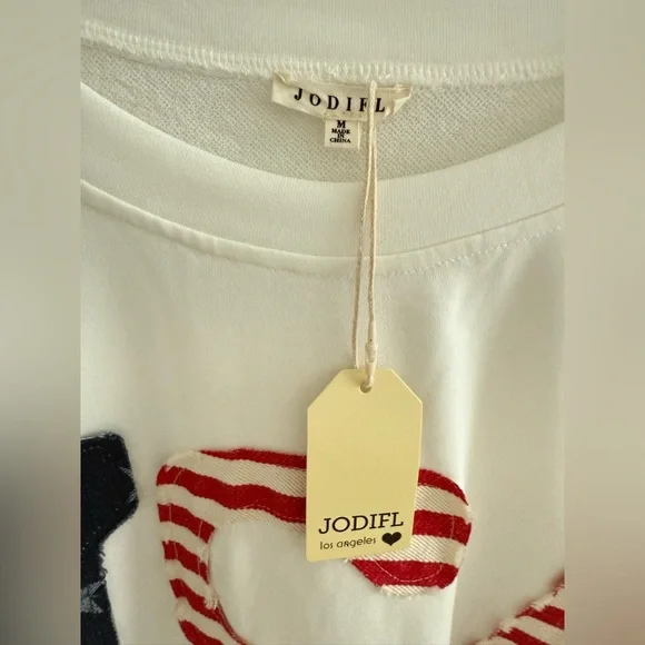 JODIFL Patriotic USA Red White and Blue boxy 3/4 Patchwork Top - Picture 4 of 10